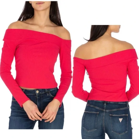 Guess Amelia Off Shoulder Fitted Ribbed Top In Fruit Punch Pink Sz L NWT - Picture 3 of 11